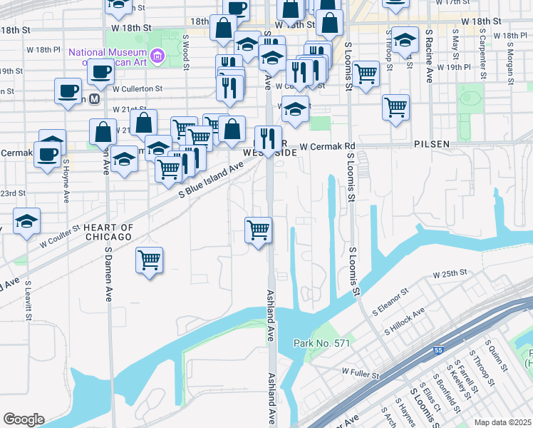 map of restaurants, bars, coffee shops, grocery stores, and more near 2352 South Ashland Avenue in Chicago