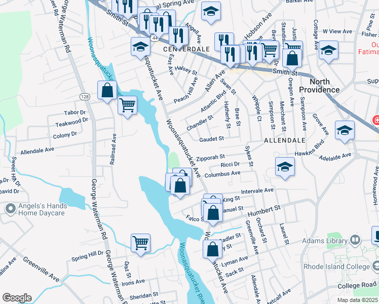 map of restaurants, bars, coffee shops, grocery stores, and more near 441 Woonasquatucket Avenue in North Providence