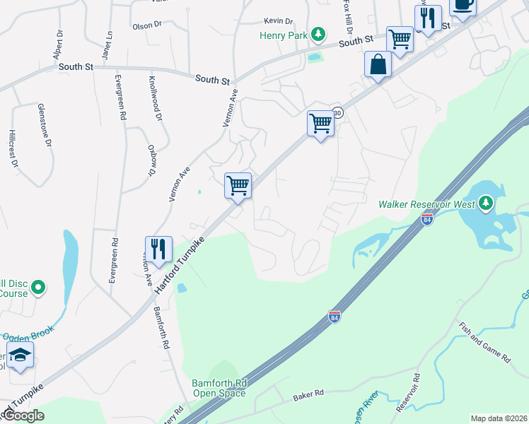 map of restaurants, bars, coffee shops, grocery stores, and more near 6 North Terrace in Vernon