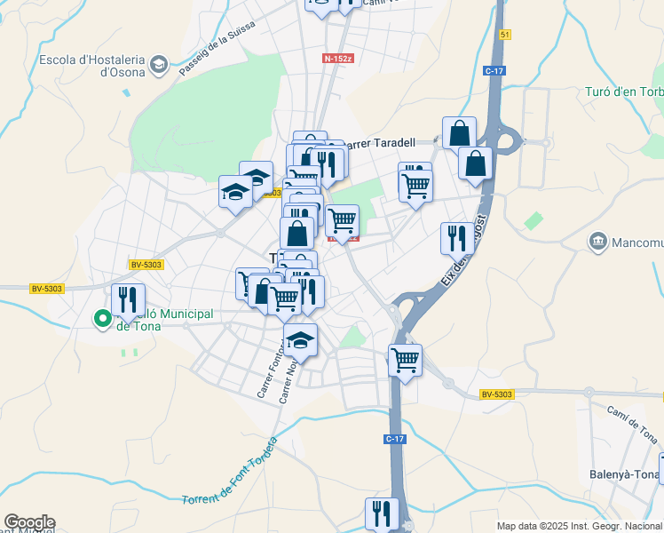 map of restaurants, bars, coffee shops, grocery stores, and more near 40 Carrer Joan Maragall in Tona