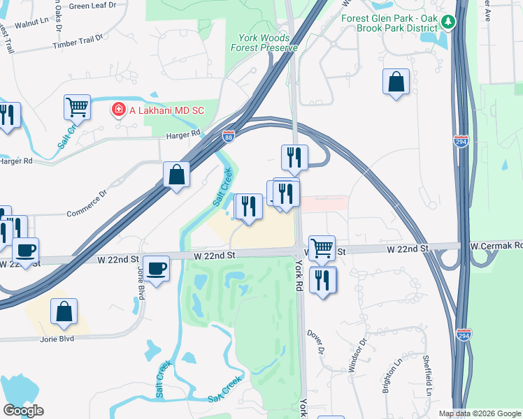 map of restaurants, bars, coffee shops, grocery stores, and more near 2055 Clearwater Drive in Oak Brook