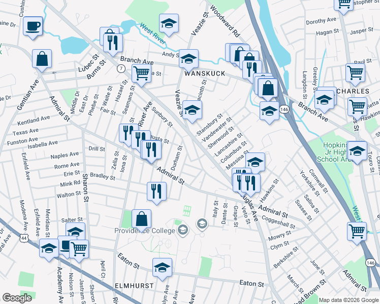 map of restaurants, bars, coffee shops, grocery stores, and more near 25 Sunbury Street in Providence
