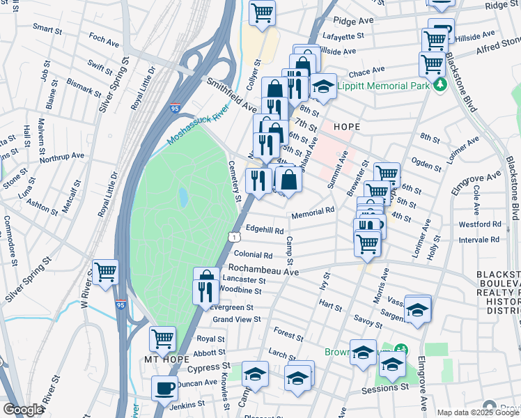 map of restaurants, bars, coffee shops, grocery stores, and more near 1070 U.S. 1 in Providence