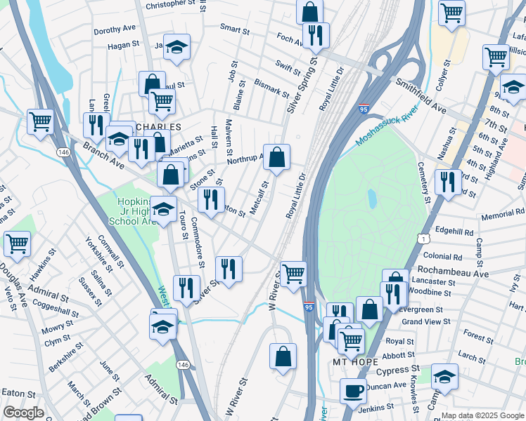 map of restaurants, bars, coffee shops, grocery stores, and more near in Providence