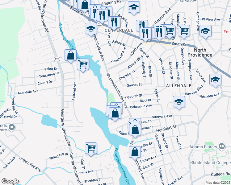 map of restaurants, bars, coffee shops, grocery stores, and more near 461 Woonasquatucket Avenue in North Providence