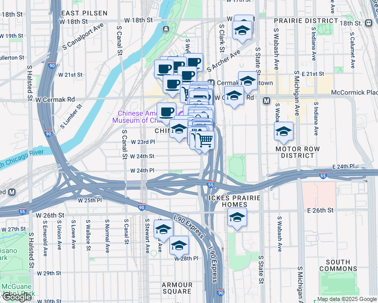 map of restaurants, bars, coffee shops, grocery stores, and more near 219 West 23rd Place in Chicago