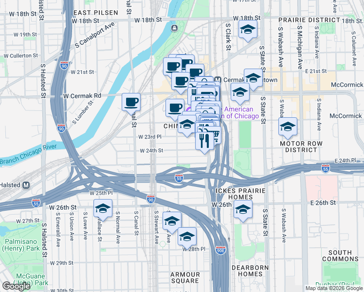 map of restaurants, bars, coffee shops, grocery stores, and more near 266 West 23rd Place in Chicago