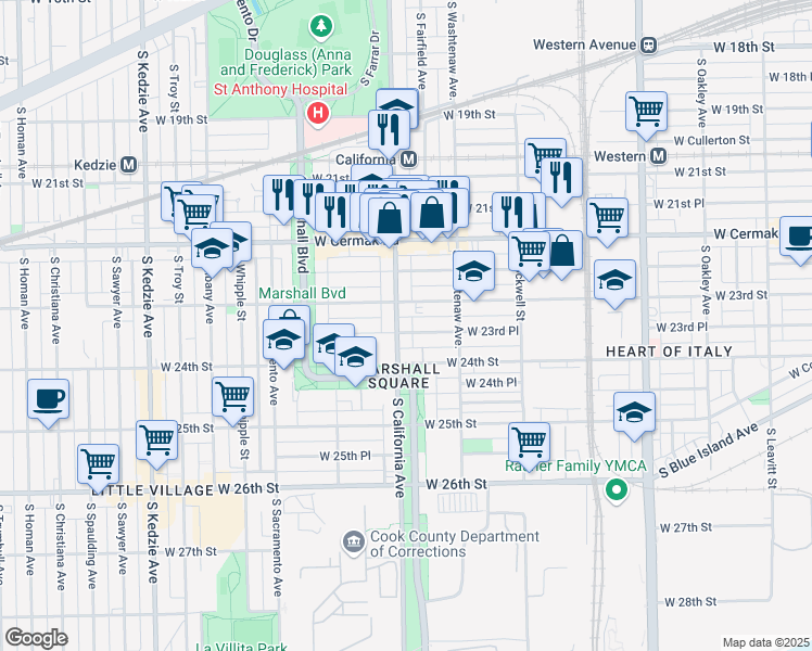map of restaurants, bars, coffee shops, grocery stores, and more near 2733 West 23rd Street in Chicago