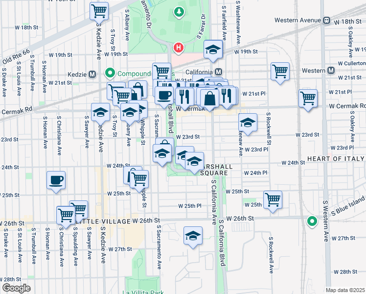 map of restaurants, bars, coffee shops, grocery stores, and more near 2853 West 23rd Street in Chicago