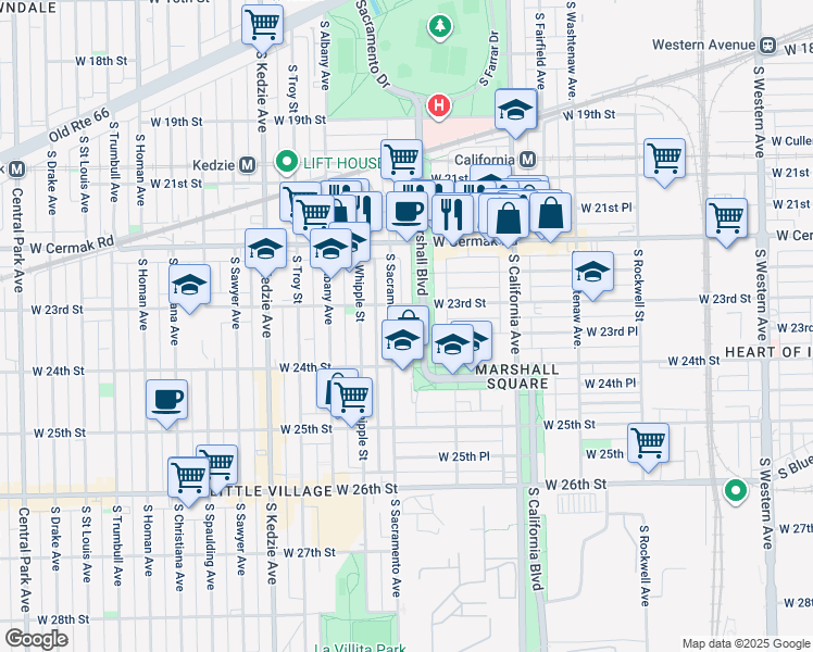 map of restaurants, bars, coffee shops, grocery stores, and more near 2878 West 23rd Street in Chicago