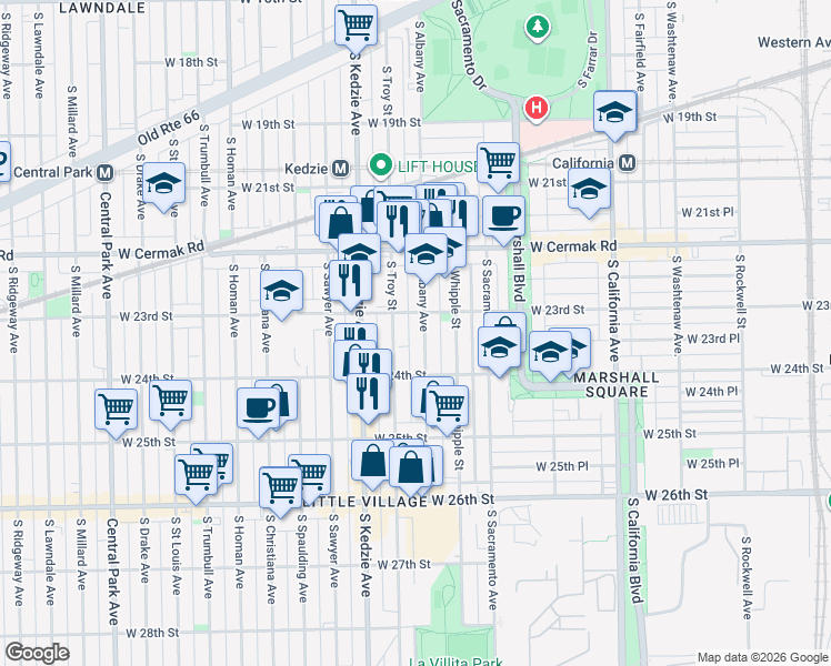 map of restaurants, bars, coffee shops, grocery stores, and more near 2301 South Troy Street in Chicago