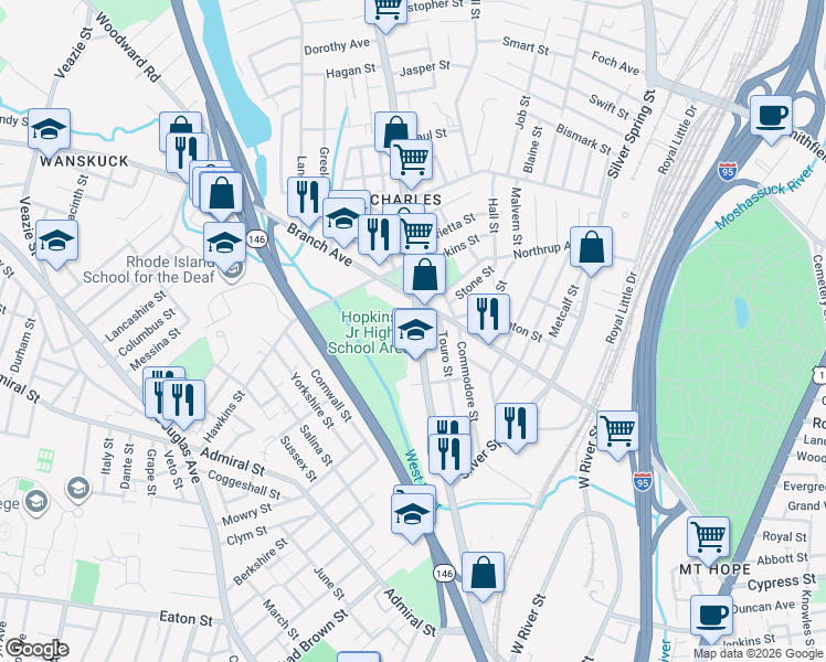 map of restaurants, bars, coffee shops, grocery stores, and more near 524 Charles Street in Providence
