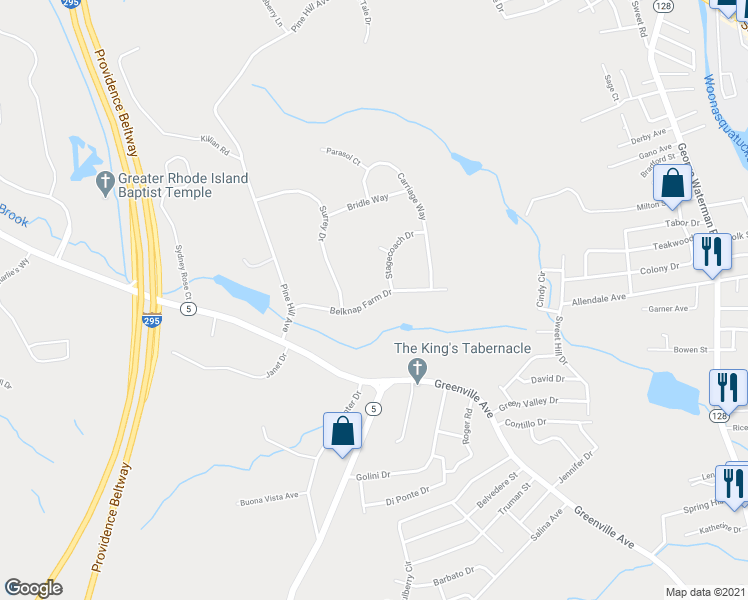 map of restaurants, bars, coffee shops, grocery stores, and more near 12 Belknap Farm Drive in Johnston