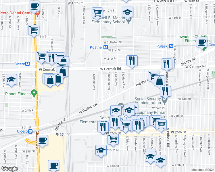 map of restaurants, bars, coffee shops, grocery stores, and more near 2302 South Kirkland Avenue in Chicago