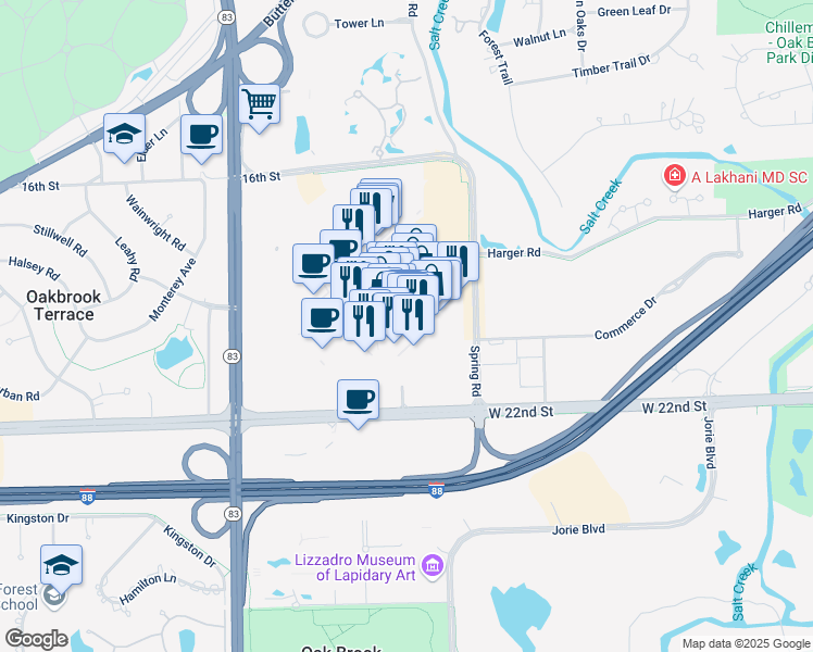 map of restaurants, bars, coffee shops, grocery stores, and more near 212 Oakbrook Center in Oak Brook
