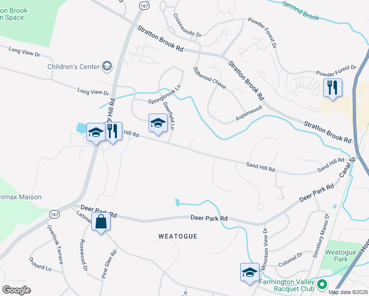 map of restaurants, bars, coffee shops, grocery stores, and more near 2 Red Oak Court in Simsbury