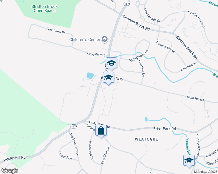 map of restaurants, bars, coffee shops, grocery stores, and more near 230 Bushy Hill Road in Simsbury