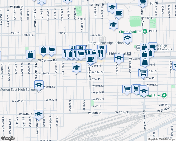 map of restaurants, bars, coffee shops, grocery stores, and more near 5535 West 22nd Place in Cicero