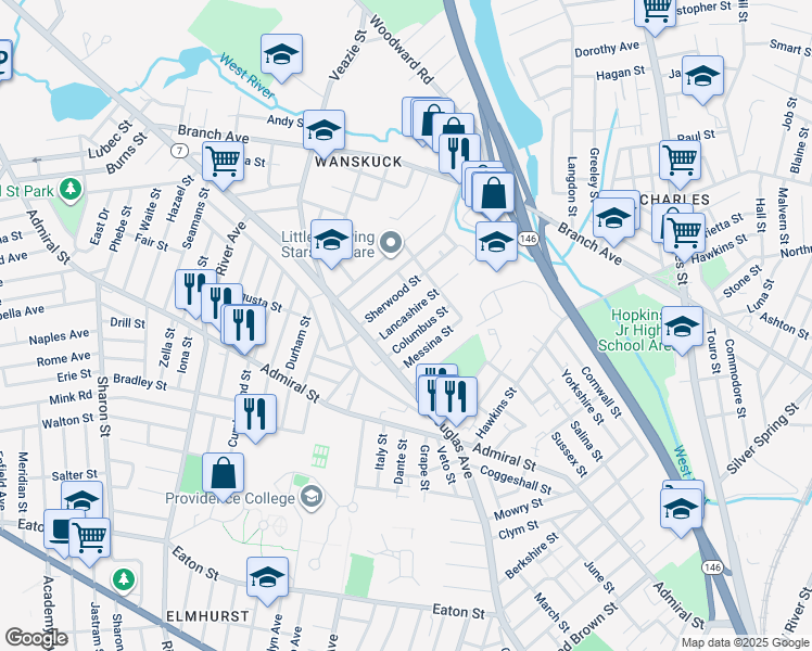 map of restaurants, bars, coffee shops, grocery stores, and more near 41 Sherwood Street in Providence