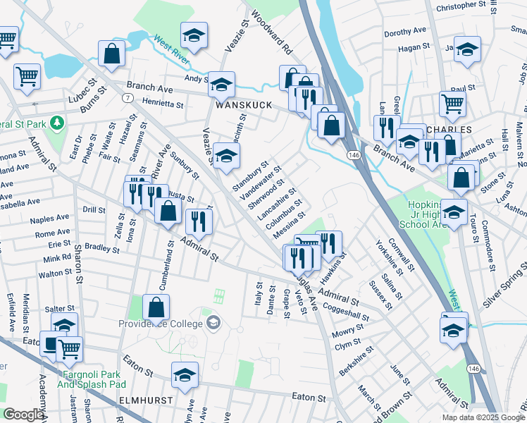 map of restaurants, bars, coffee shops, grocery stores, and more near 41 Sherwood Street in Providence