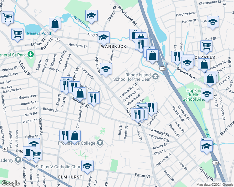 map of restaurants, bars, coffee shops, grocery stores, and more near 9 Vandewater Street in Providence