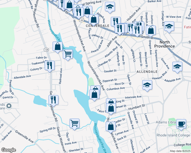 map of restaurants, bars, coffee shops, grocery stores, and more near 461 Woonasquatucket Avenue in North Providence
