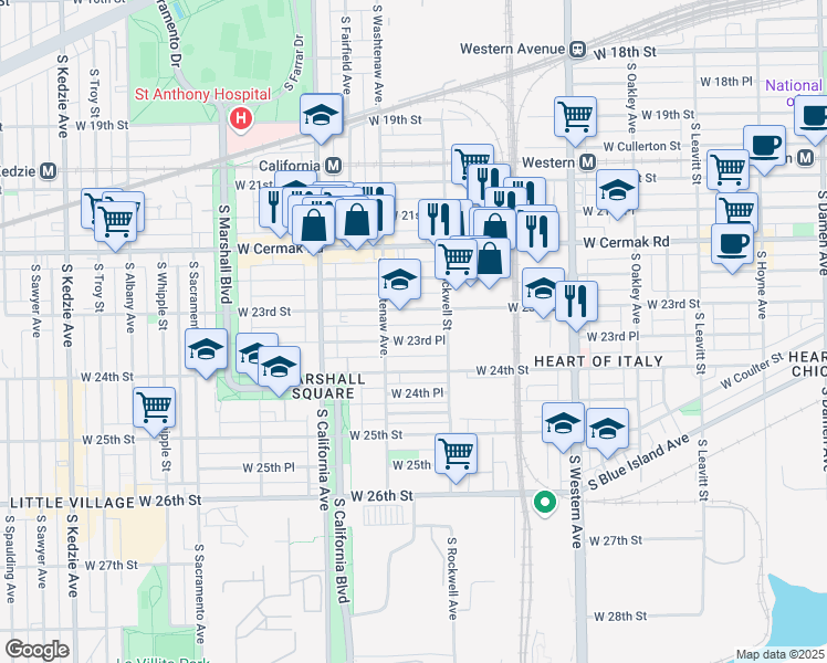 map of restaurants, bars, coffee shops, grocery stores, and more near 2623 West 23rd Street in Chicago