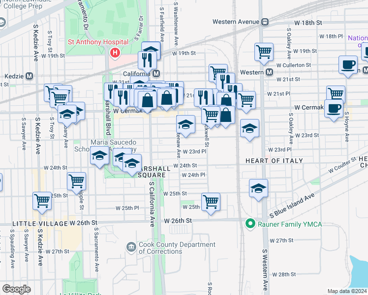 map of restaurants, bars, coffee shops, grocery stores, and more near 2651 West 23rd Street in Chicago