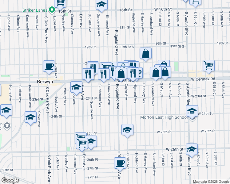 map of restaurants, bars, coffee shops, grocery stores, and more near 2213 Elmwood Avenue in Berwyn
