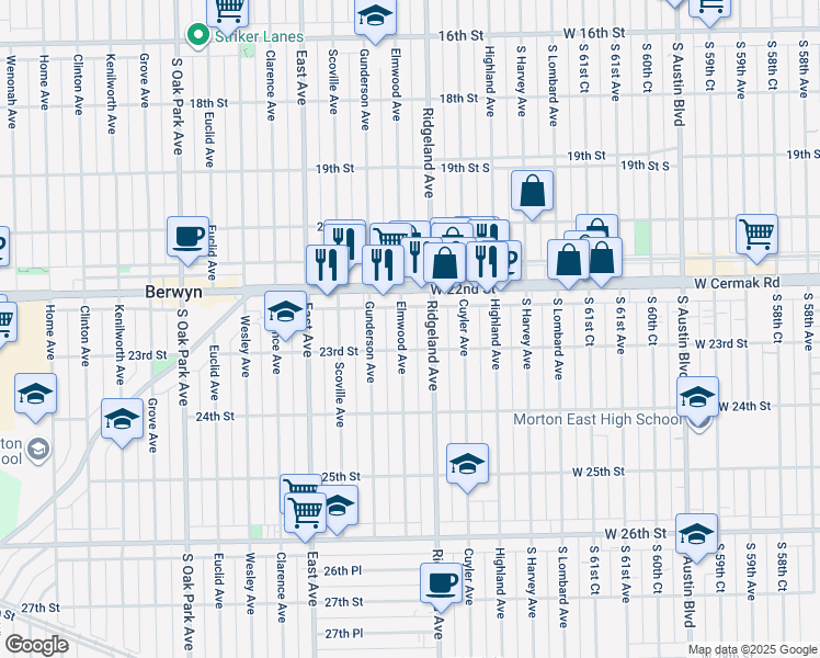 map of restaurants, bars, coffee shops, grocery stores, and more near 2213 Elmwood Avenue in Berwyn