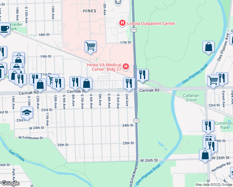 map of restaurants, bars, coffee shops, grocery stores, and more near in North Riverside