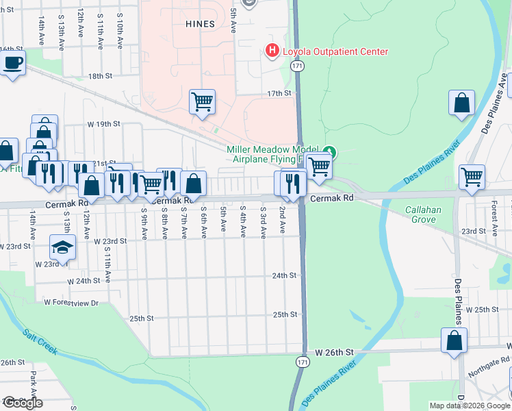 map of restaurants, bars, coffee shops, grocery stores, and more near in North Riverside