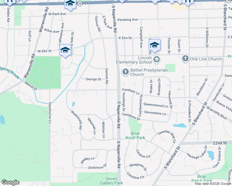 map of restaurants, bars, coffee shops, grocery stores, and more near 223 East Farnham Lane in Wheaton