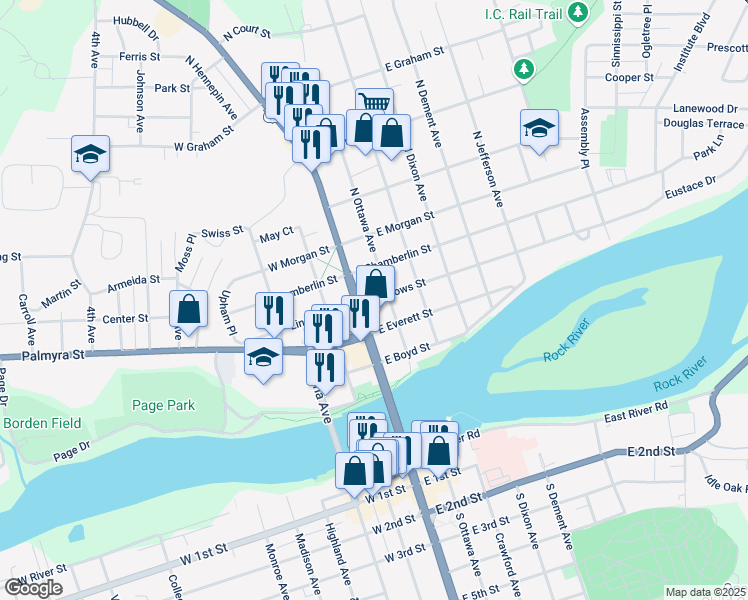 map of restaurants, bars, coffee shops, grocery stores, and more near 410 North Ottawa Avenue in Dixon