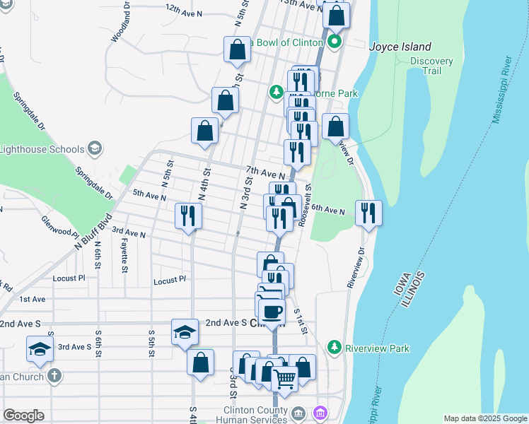 map of restaurants, bars, coffee shops, grocery stores, and more near 201-299 6th Ave N in Clinton