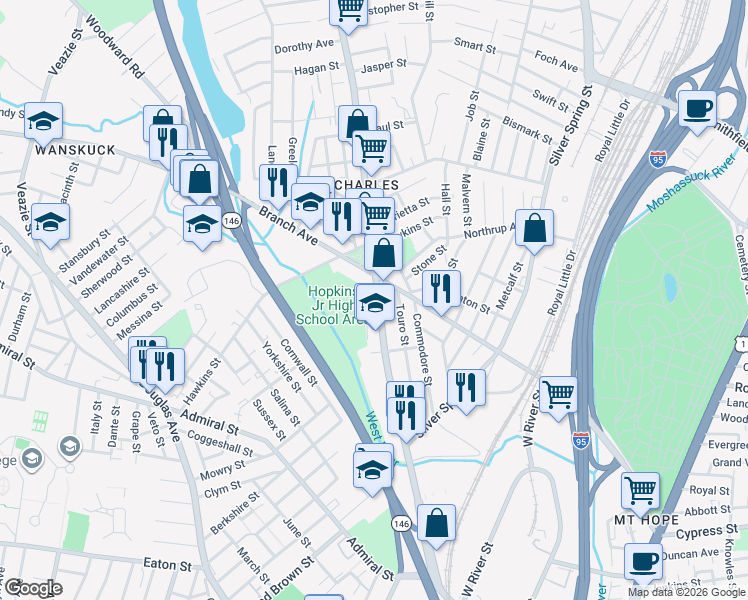 map of restaurants, bars, coffee shops, grocery stores, and more near in Providence