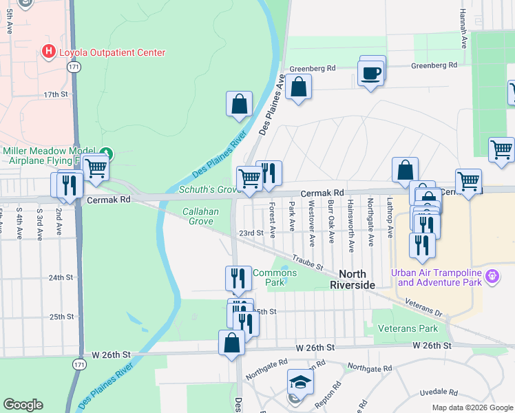 map of restaurants, bars, coffee shops, grocery stores, and more near 7919 Cermak Road in North Riverside