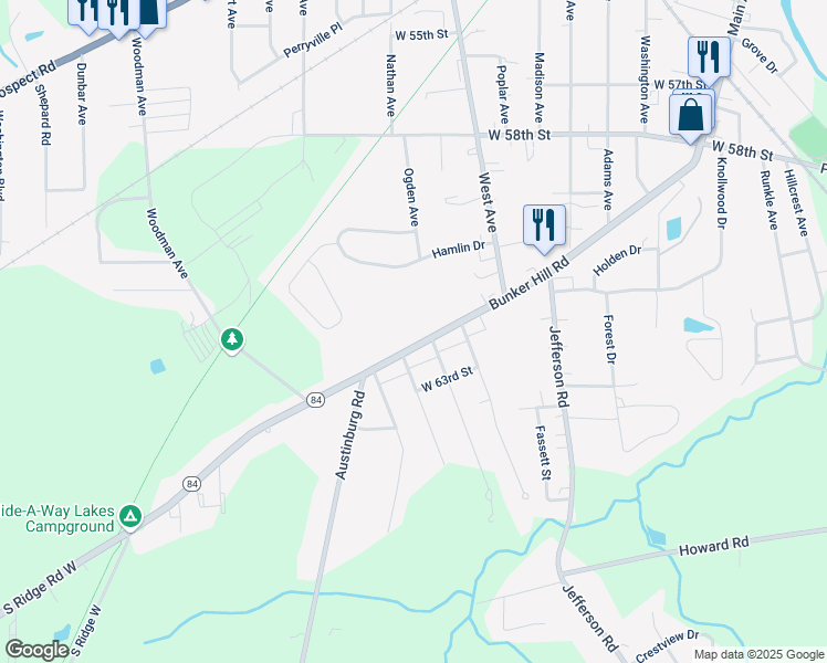 map of restaurants, bars, coffee shops, grocery stores, and more near 1211 Bunker Hill Road in Ashtabula