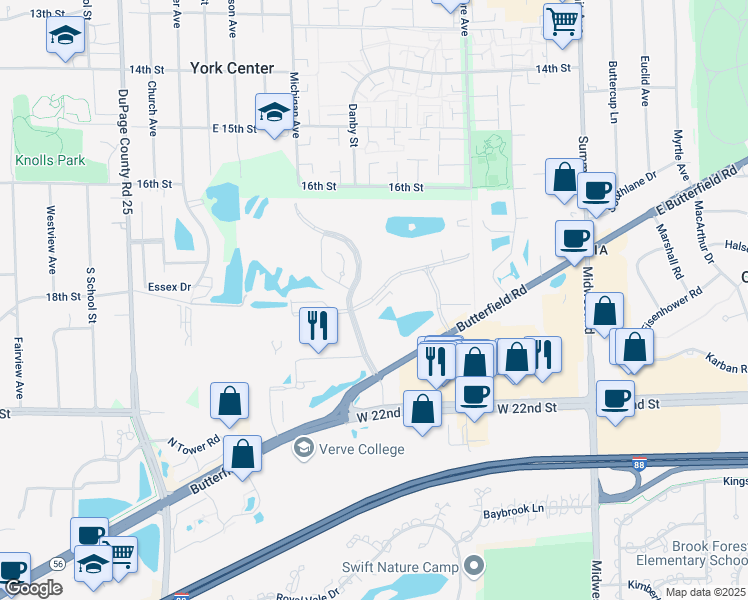 map of restaurants, bars, coffee shops, grocery stores, and more near Royce Boulevard in Oakbrook Terrace