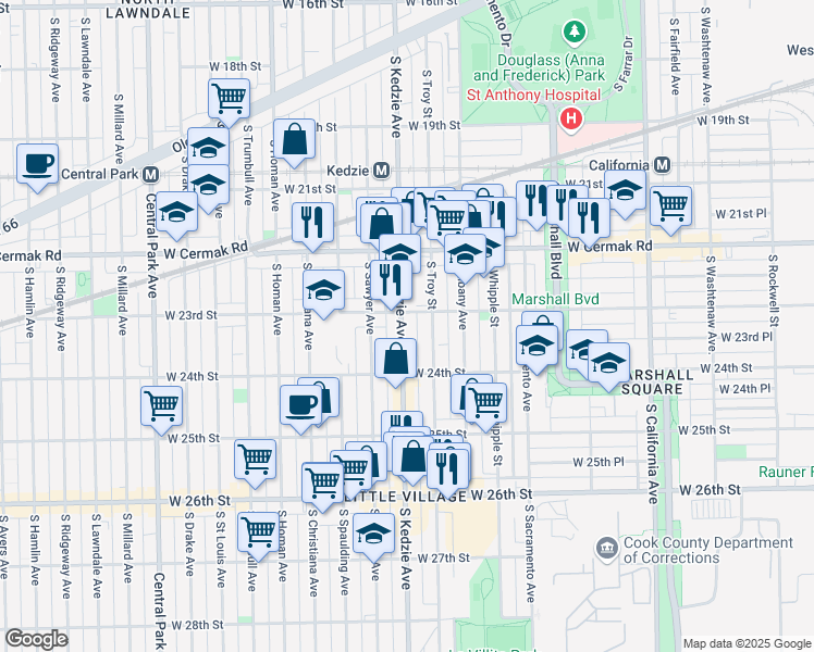 map of restaurants, bars, coffee shops, grocery stores, and more near 2311 South Kedzie Avenue in Chicago