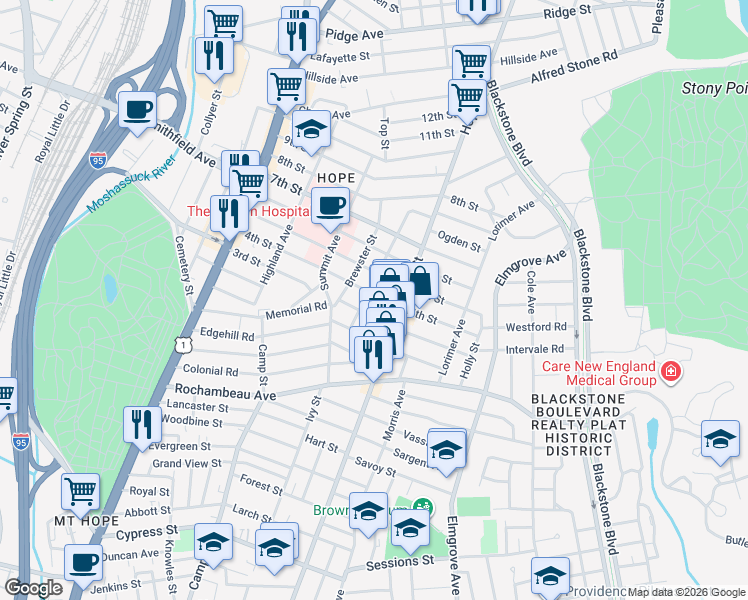 map of restaurants, bars, coffee shops, grocery stores, and more near 159 4th Street in Providence