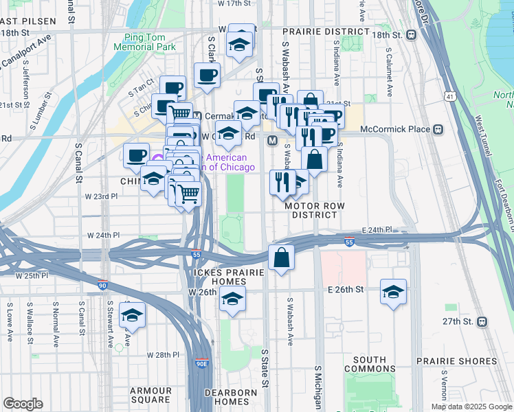 map of restaurants, bars, coffee shops, grocery stores, and more near 2350 South State Street in Chicago