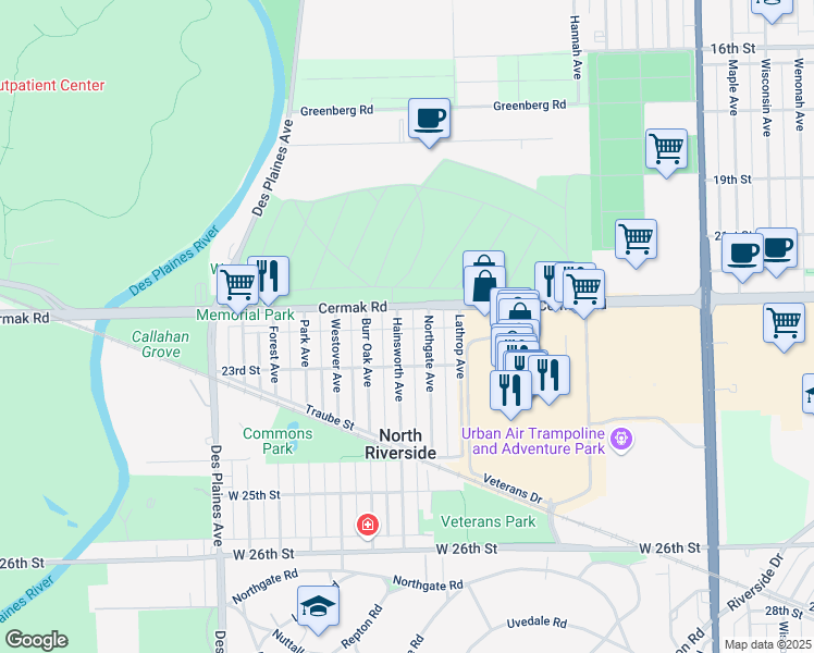 map of restaurants, bars, coffee shops, grocery stores, and more near 2204 Hainsworth Avenue in North Riverside