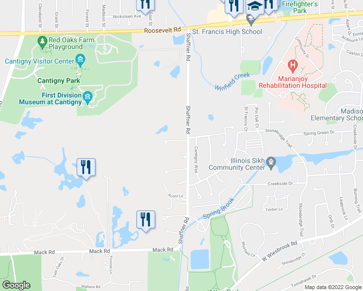 map of restaurants, bars, coffee shops, grocery stores, and more near 27W051 Lowden Avenue in Wheaton
