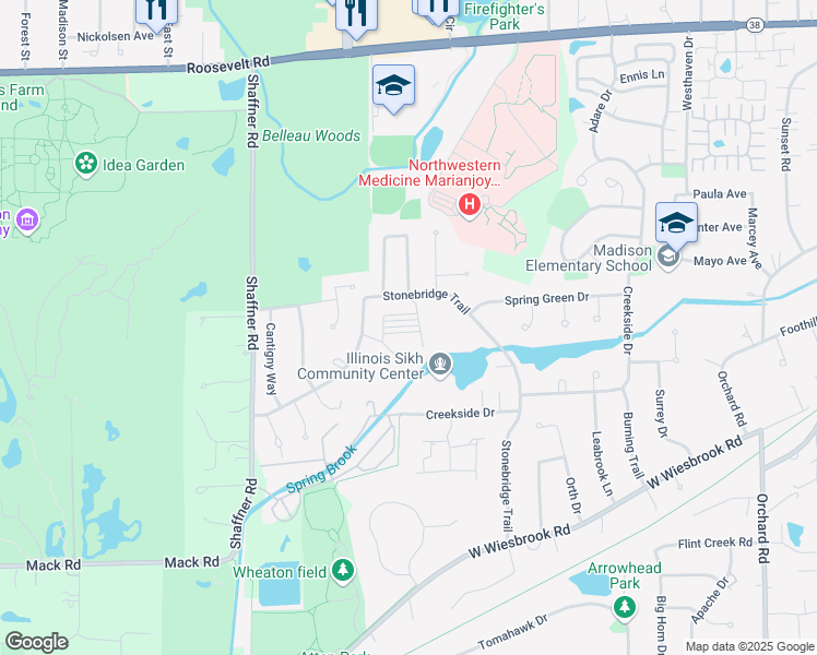 map of restaurants, bars, coffee shops, grocery stores, and more near 1460 Stonebridge Circle in Wheaton