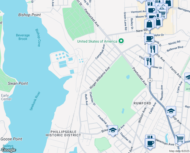 map of restaurants, bars, coffee shops, grocery stores, and more near 27 Island Avenue in East Providence