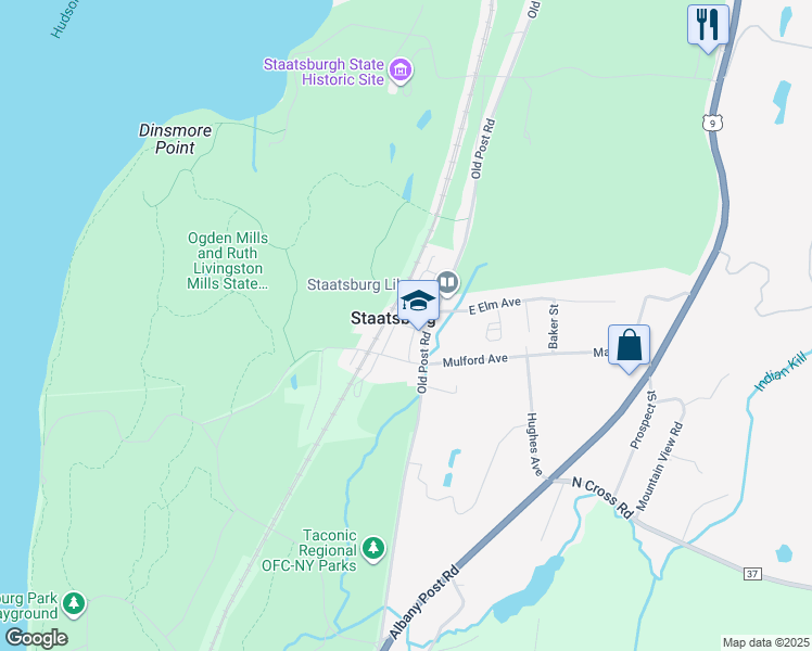 map of restaurants, bars, coffee shops, grocery stores, and more near 69 Old Post Road in Staatsburg