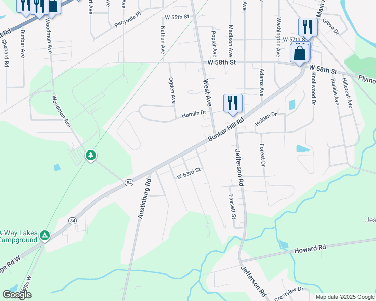 map of restaurants, bars, coffee shops, grocery stores, and more near 1047 Bunker Hill Road in Ashtabula