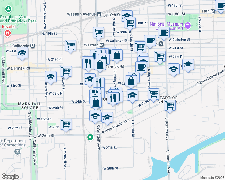map of restaurants, bars, coffee shops, grocery stores, and more near 2321 West 23rd Street in Chicago