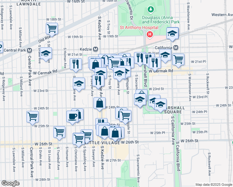 map of restaurants, bars, coffee shops, grocery stores, and more near 2301 South Troy Street in Chicago